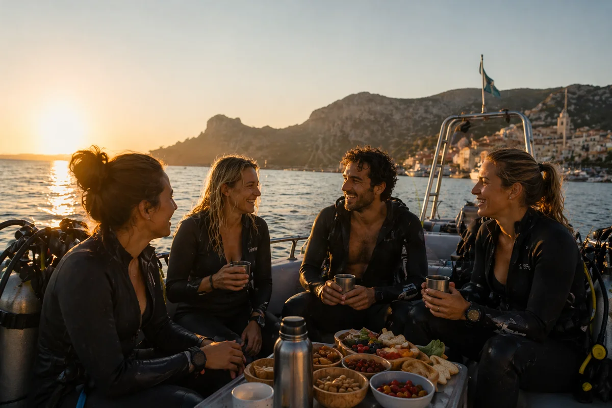 Encas convivial après la plongée crépusculaire