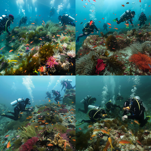 L'image montre un groupe de plongeurs équipés de bouteilles d'oxygène explorant les fonds marins de La Londe-les-Maures.